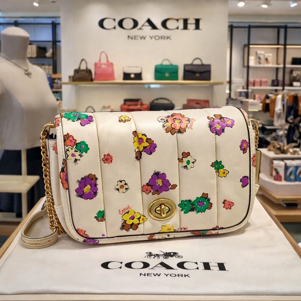 COACH DINKY 18 QUILTING FLORAL‎ BAG NAPPA LEATHER CHALK MULTI PURSE CROSSBODY